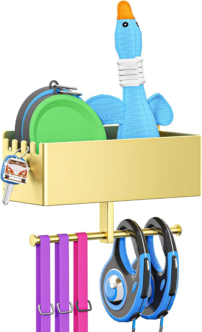 Dog Leash Holder for Wall, Dog Leash Hooks, Pet Stuff Organizer with Shelf Storage, Metal Key Holder, Leash Hangers Organizer Rack for Pet Collar, Toys, Treats, Poop Bag (Gold)