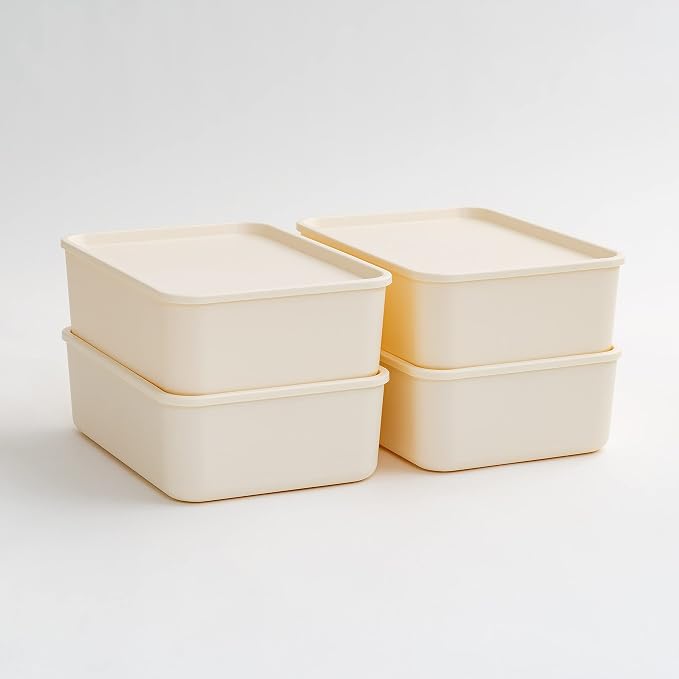 IRIS USA Storage Bins with Lids |Made in USA| Medium (4-Pack) - Off White | Modern Basket Container Boxes for Bedroom, Living Room, Kitchen, Bathroom & Closet Organization