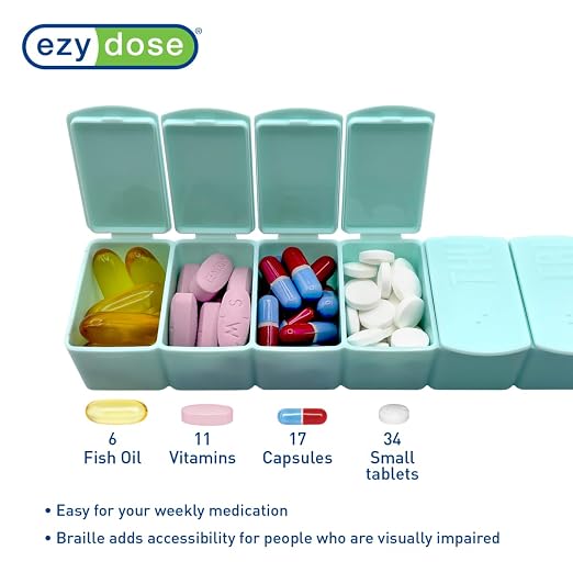 Ezy Dose Weekly (7-Day) Pill Organizer, Large Medicine Planner, Teal | Compact Daily Vitamin & Supplement Medicine Case, Pop Up Compartments, Embossed Matte Design, Travel-Friendly, BPA-Free