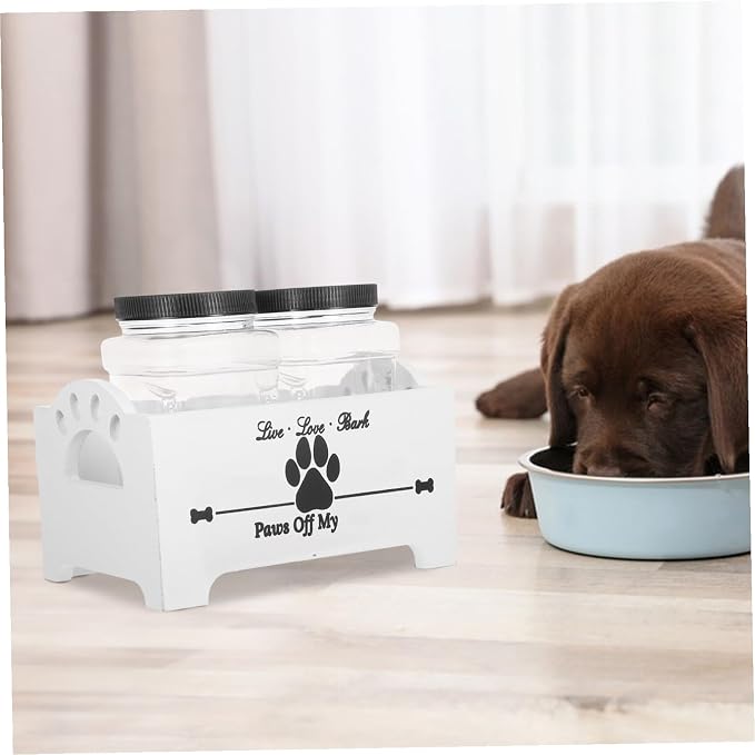 SEWACC Wooden Dog Food Storage Container with Airtight Jars Pet Treat Organizer Box for Home Kitchen Sturdy Pet Food Crate with Divider White Set