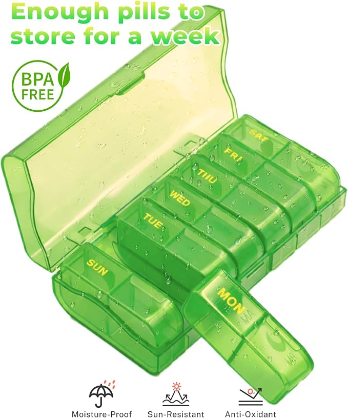 Travel Weekly Pill Organizer 2 Times a Day, 7 Day AM/PM Pill Box, Portable Medication Dispenser with Child-Resistant Latch, BPA-Free, Travel, Office, Pets, Emergency Use (Neon Green)