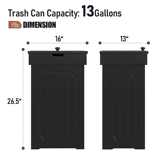 Function Home Trash Can Cabinet, 13 Gallon Kitchen Garbage Can, Wood Recycling Trash Bin, Freestanding Dog Proof Trash Can, Farmhouse Trash Cabinet with Lid for Home Kitchen Bathroom, Black