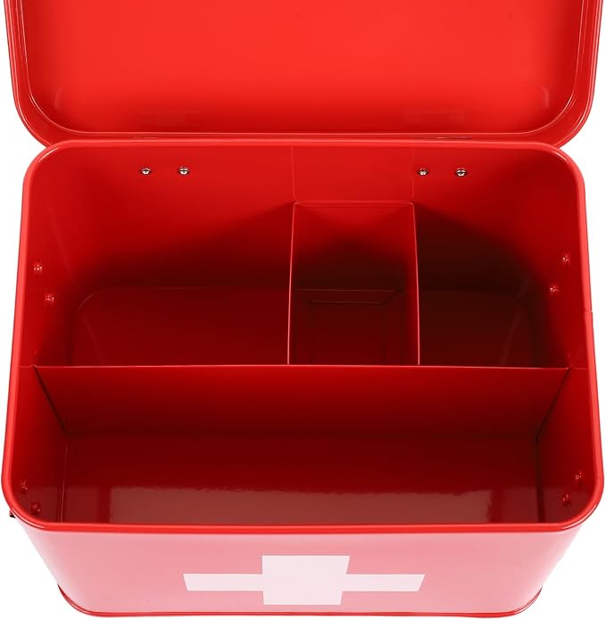 Lassos Boutique Retro Enameled First Aid Box for Medicine Storage and Home Decor with Lid and Removable Tray (Red/White)