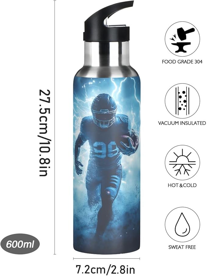 American Football Player Lightning Water Bottle with Straw Lid Kids Insulated Stainless Steel Water Flask Sports, 20 Oz Hot Cold