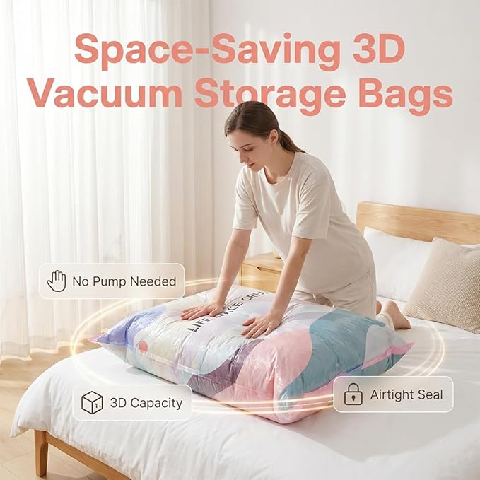 No-Pump Vacuum Storage, 2026 New Large Compression Bags for Blankets, Bedding, Comforters, Jumbo Clothes, Heavy-Duty Press & Seal, No Pump Needed (White, 4PCS, MIX)