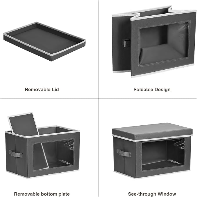 Stackable Storage Bins with Lids - Medium Storage Box with Lids, Foldable Closet Boxes for Organizing, Wardrobe Clothes Organizer with Window, Cubes Bins for Living Room, 4 Pack, Dark Grey