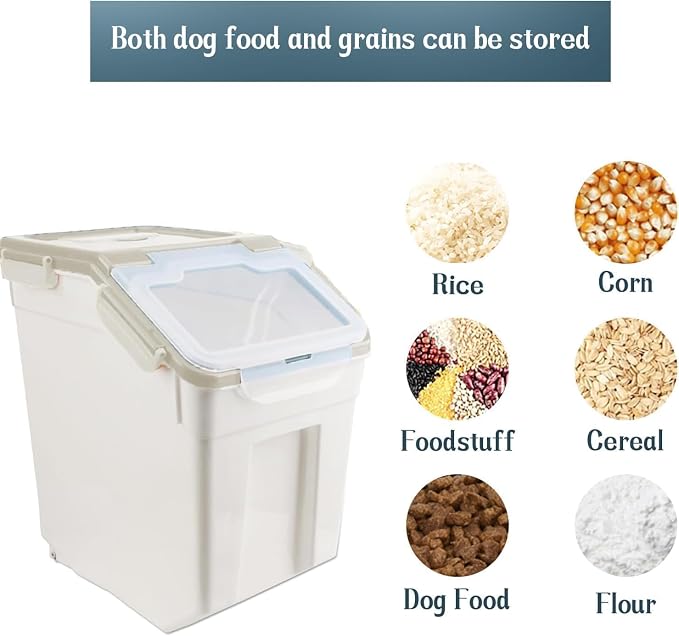 50LB Large Flour Storage Container Bin,2 Pack Airtight Plastic with Wheels Seal Locking Lid Dispenser Organizer Bin with Measuring Cup & Scoop for Flour, Rice, Grain 100LBS Total Capacity(Grey)
