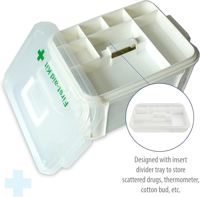 Deke Home - Portable First Aid & Medicine Organizer Box with Handle – Plastic Family Medical Storage Kit for Travel, Car, Home, Camping, Office + Pill Cutter