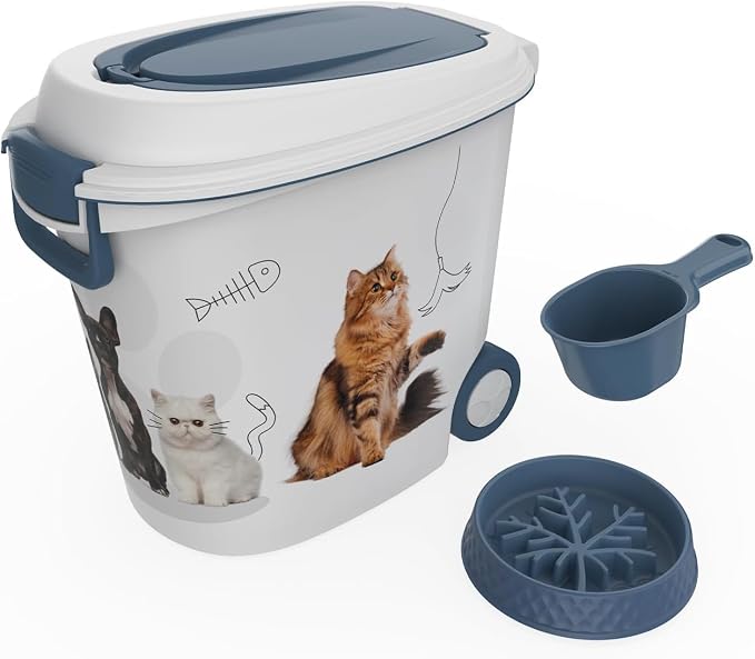 DRATO Pet Food Storage Container with Wheels 30LB Capacity | Resin, Slow Feeder Bowl and Scoop, Easy to Move, Keep Food Fresh, For Dogs, Cats, Birds