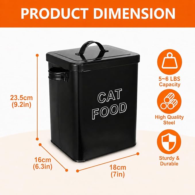 Morezi Metal Cat Food Container with Scoop 5-7 lb, Airtight Pet Food Bin | 25 Cups Cat Kibble Canister with Food Scoop, Sturdy Iron Body, Powder Coated, Airtight Bamboo Lid, Two Side Handle-Black