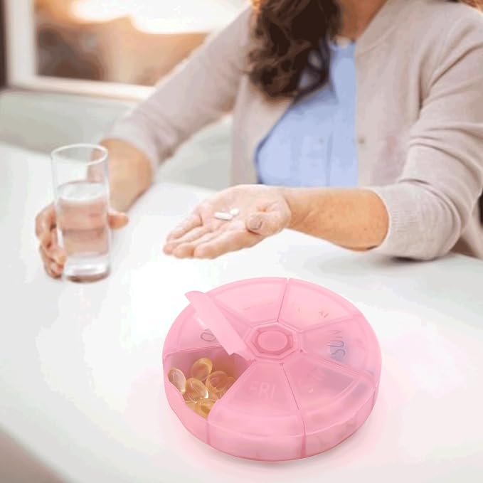 Portable Weekly Pill Organizer (Pack of 2) 7 Day Container,Round Case Travel Friendly,Daily Week Pill Reminder,Vitamin,Supplement,Fish Oil,Medication Planner (Pink)
