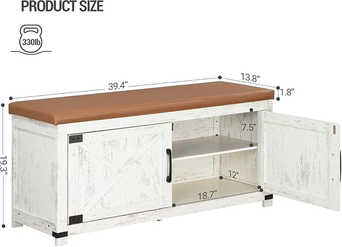 Hzuaneri 39.4" Shoe Storage Bench, with Soft Padded Seat Cushion & Doors | 2 Tier Entryway Storage Bench with Adjustable Shelf, Farmhouse Shoe Cabinet for Living room, Bedroom, Antique White SB26614KA