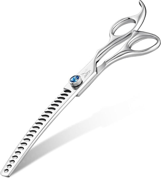 JASON 7" Curved Chunker - Ergonomic Dog Grooming Scissors - Silver - 440C Stainless Steel - Professional Dog Shears For Groomer (21-Teeth)