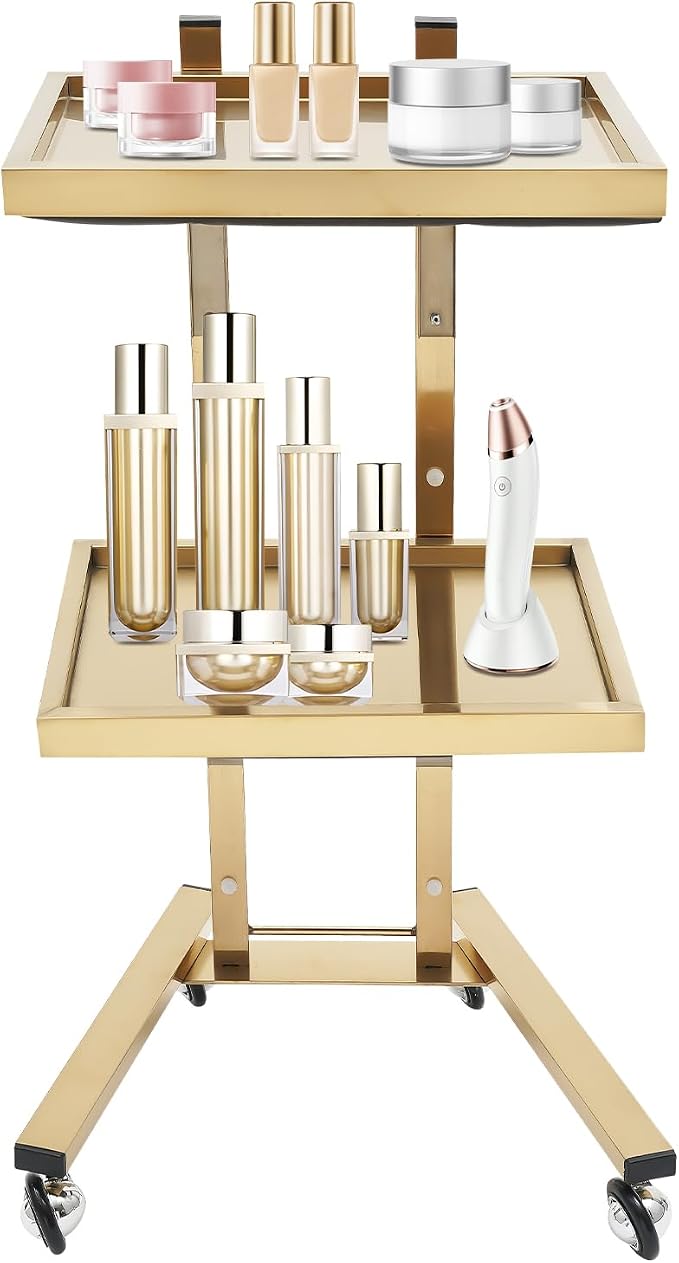 2 Tiers Salon Tray on Wheels for Beauty Salons and Pet Shops Gold | Stainless Steel, H-Shaped Base, Foldable Trays for Easy Storage, Rounded Edges for Safe Handling, Circular Handle for Lifting