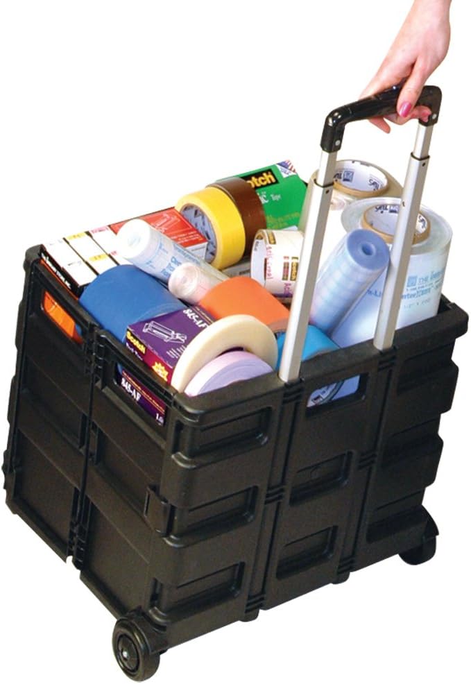 Rolling Foldable Plastic Crate with Telescopic Handle and 3-in. Wheels