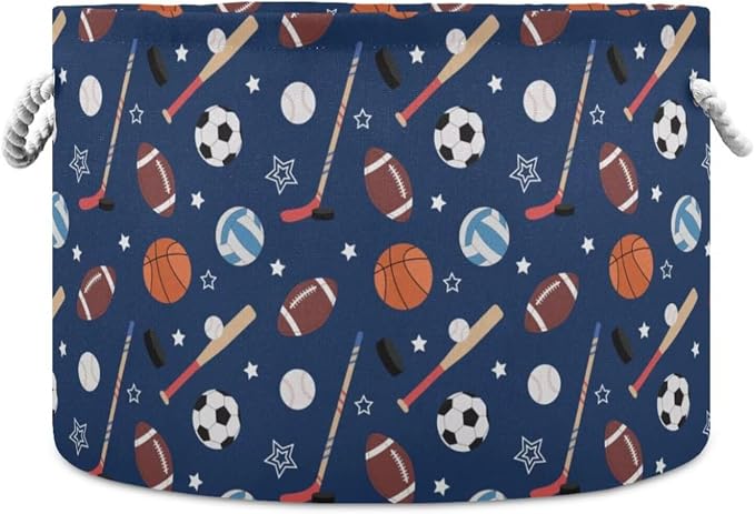 Sport Ball Print Collapsible Round Storage Basket with Handles | Baseball Basketball Large Laundry Baskets Hamper, Organizer Bin for Nursery Bedroom Living Room Decor, 20x 20x 14 Inches