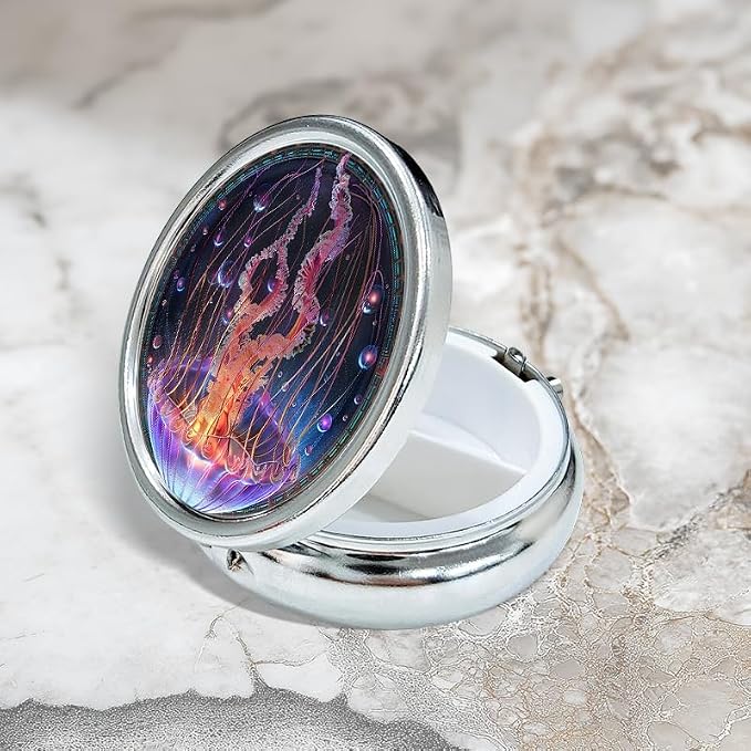 Portable Round 3 Compartment Metal Pill Box Beautiful Fantasy Jellyfish Digital Art High Detail for Organizing Supplements Traveling or Gift Giving