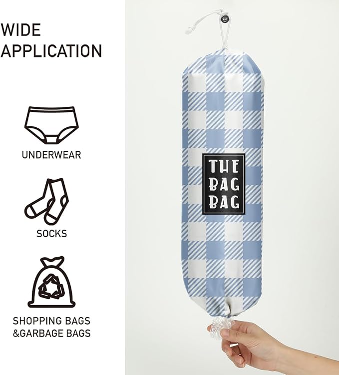 Plastic Bag Holder,Reusable And Washable Grocery Bag organizer,for Home Kitchen Travelling Camping Decor, use 1 Pack, Blue And White Checkered Pattern