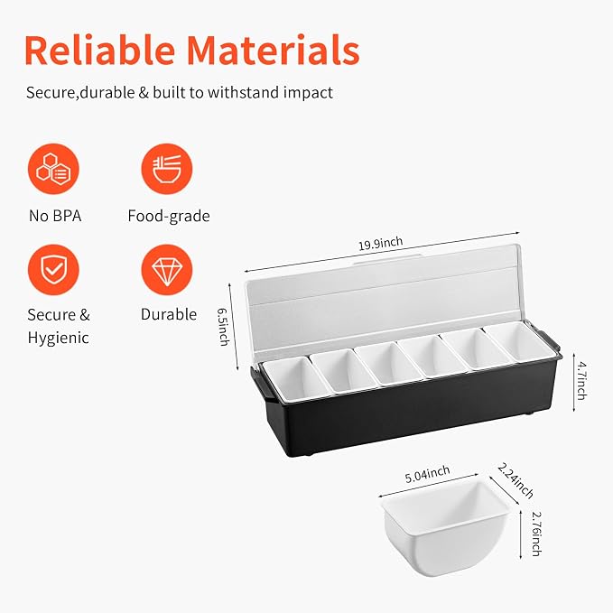 Chilled Condiment Server, 6 Compartment Ice Cooled Condiment Serving Container, Chilled Garnish Tray Bar Caddy with Lid, for Bartending & Serving Taco, Salad, Fruit, Home & Restaurant Supplies