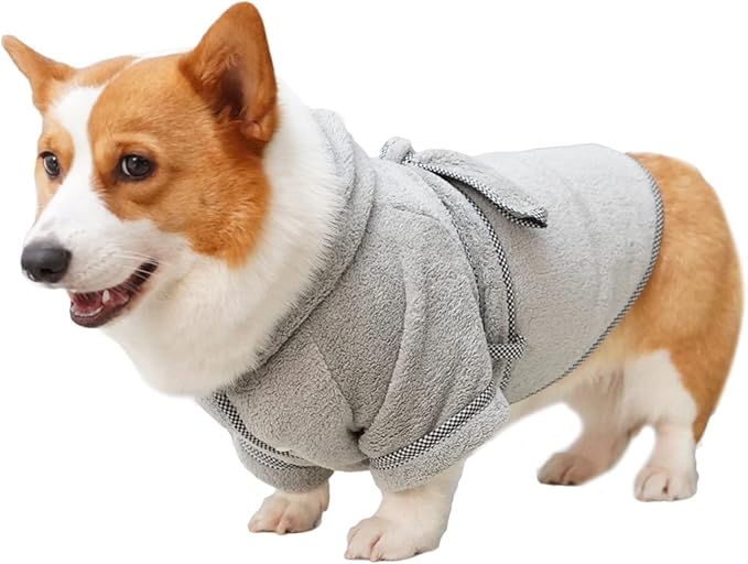 Dog Bathrobe, Microfiber Fast Drying Absorbent Hooded Bath Towel White for Puppy Small Medium Large Dog Cat (XL, Gray)