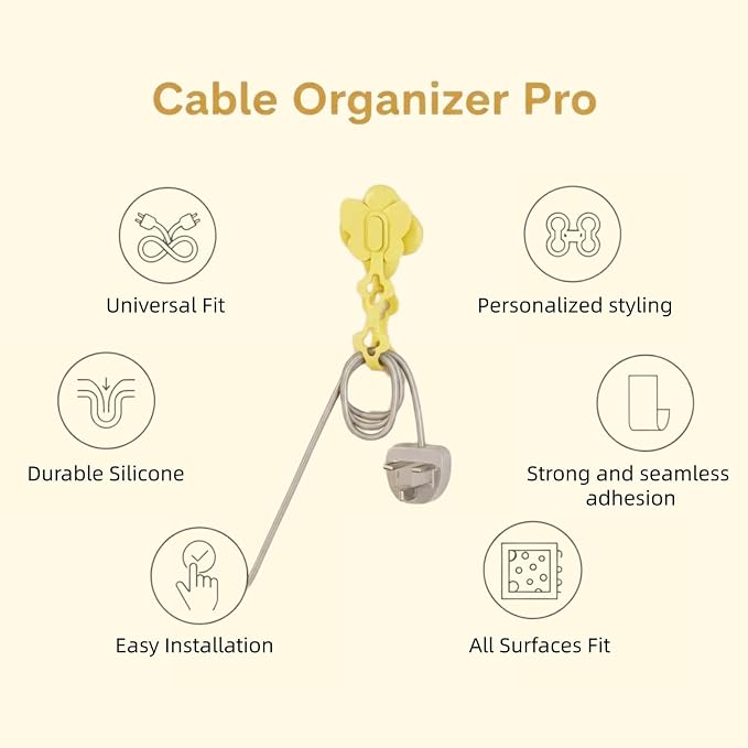 2-in-1 Cord Wrap and Cable Organizer with No-Trace Adhesive, TPR, Set of 3, Pink, Yellow, White, for Kitchen, Bathroom, Living Room