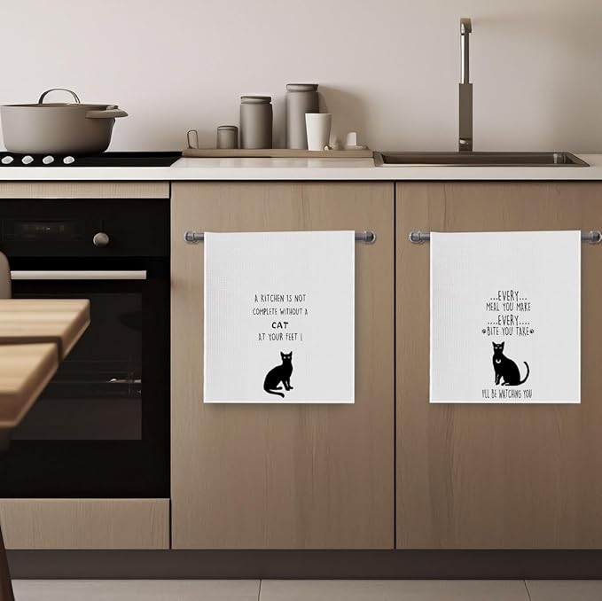 Cat Gifts Dish Towels Set - Funny Waffle Weave Kitchen Hand Tea Towels, Black Cat Gift (1624 Inches Set of 2)