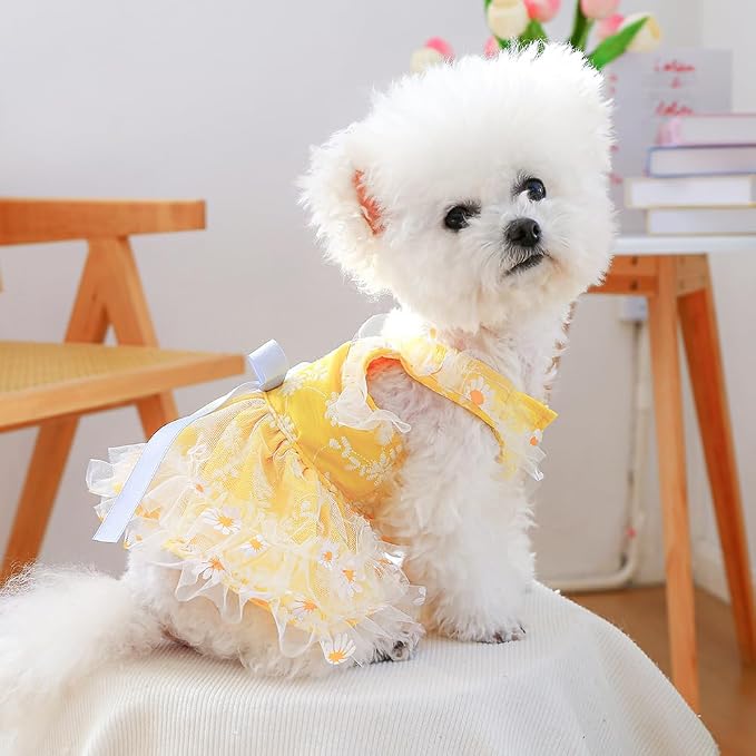 Yellow Small Dog Dress Female with Daisy Pattern Sleeveless Puppy Clothes for Girl Dog Outfit Bow Knot Cat Dresses Summer Pet Sundress Holiday Cat Apparel (Yellow, Large)