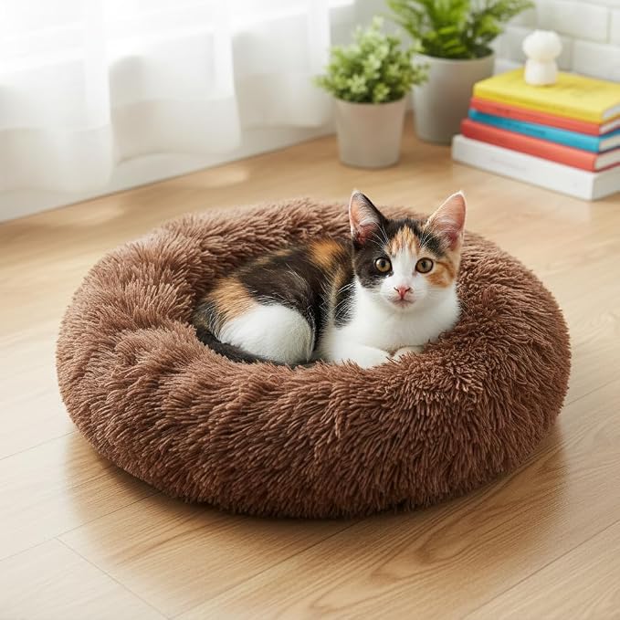 Soft Plush Round Pet Bed for Cats or Small Dogs, Mini Sized Dog Cat Bed | Soft Long Shag Faux Fur, Warming Cushion, Anti Slip Water Resistant Base, Machine Washable for Kittens, Ferret, Bunny Pets