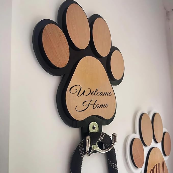 Custom Wood Dog Leash Holder, Personalized Cat Themed Key Holder and Dog Stuff Organizer, Wall Mount Pet Leash Holder with Double Hooks, Customized Names (Custom)
