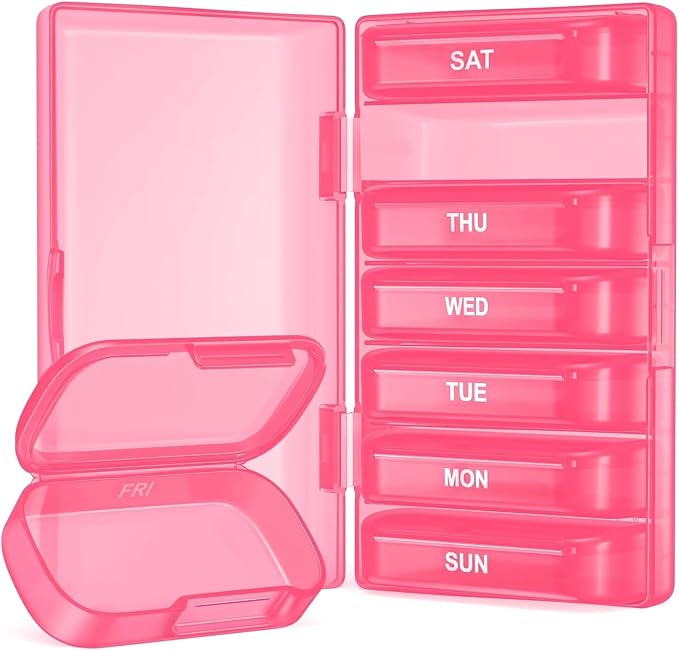 PULIV Weekly Pill Organizer with Large Capacity, Dual Protection (Pink) | Pill Box 7 Day, Arthritis Friendly Pill Case Easy to Open, Medicine Organizer for Vitamins, Medication, Fish Oils, Supplement