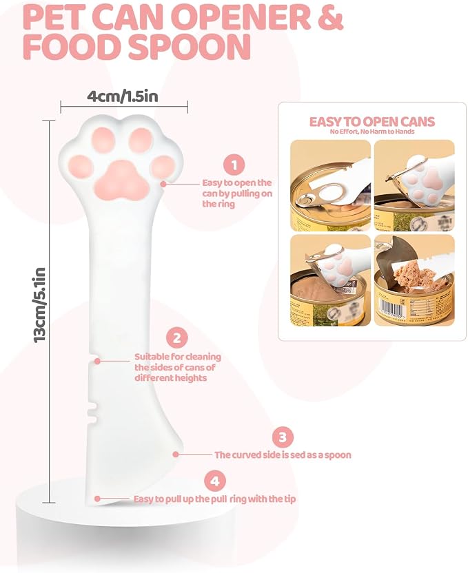 5 PCS Cat Food Can Covers Lids Set, Silicone Pet Food Can Lids with Multi-Function Cat Food Spoon and Opener, Cat Bar Squeezer, Stainless Steel Wet Food Spoon for Cats and Dogs (Pink) (White)