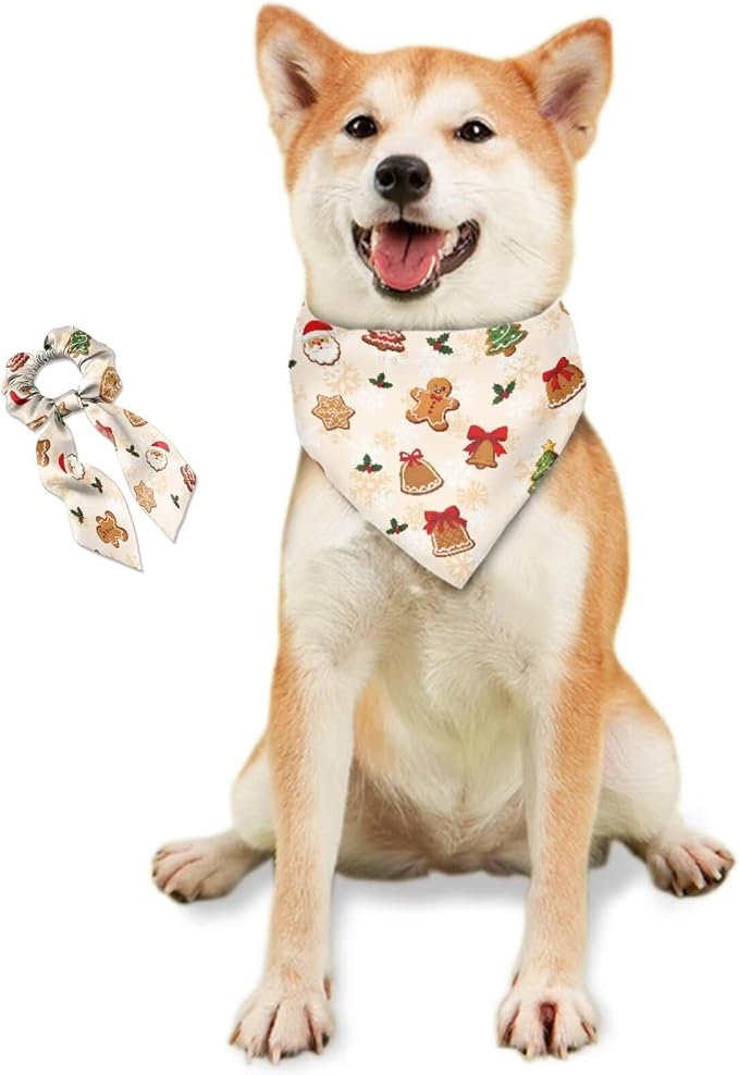 COEQINE Christmas Dog Bandanas Cute Gingerbread Beige Xmas Decor Dog Apparel & Accessories Pet and Owner Matching Outfits with Elastic Hair Tie Organizer Set 2 Pcs for Holiday Costum