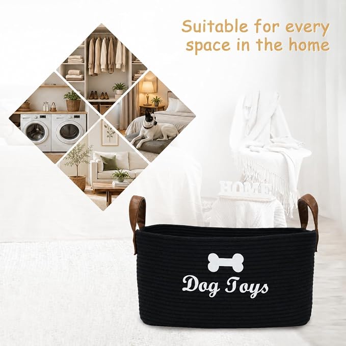 Large Dog Toy Basket, 100% Cotton Rope Dog Toy Storage Bin-Black | Dog Toy Box for Livingroom Area with Handle for organizing Pet toys,Blankets,Leashes,Pee Mats and Diapers-16.5"x10.6"x 7.5"