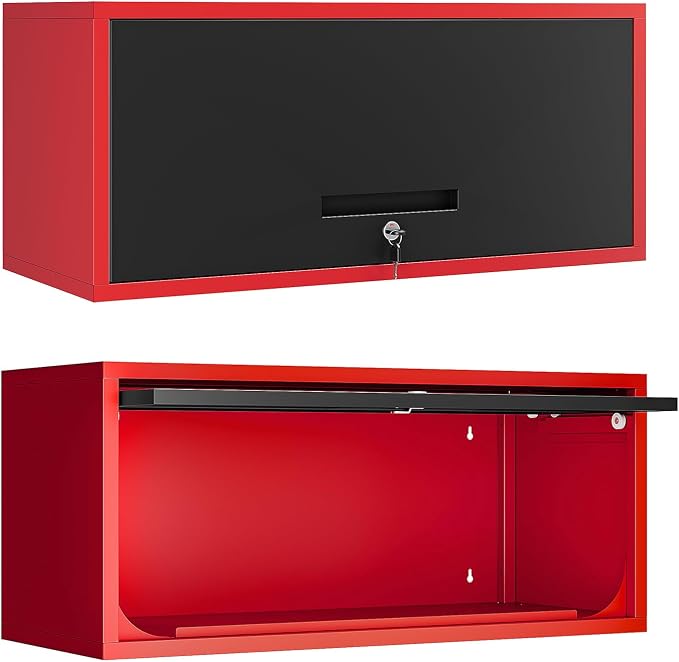 Metal Wall Storage Cabinet with Up-flip Door, Wall-Mounted Storage Cabinet for Garage, Warehouse, Home, Office, Assembly Required (Black Red, One Cabinet)