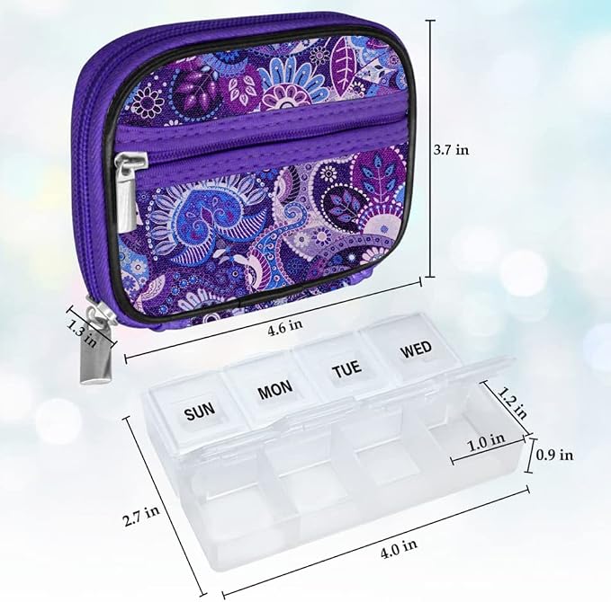Serfeymi Weekly Travel Pill Organizer Pill Case for Purse with Removable 7 Day Pill Box, Fashionable Travel Medicine Organizer Pill Container for Medicine, Vitamin, Supplement - Black 03 + Purple 01
