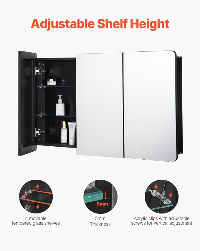 VEVOR Medicine Cabinet, 25.5 x 40 inch, Medicine Cabinet for Bathroom with Mirror, Aluminum Frame Bathroom Wall Cabinet, 4-Layer Adjustable Shelves, Recessed & Wall-Mounted Installation