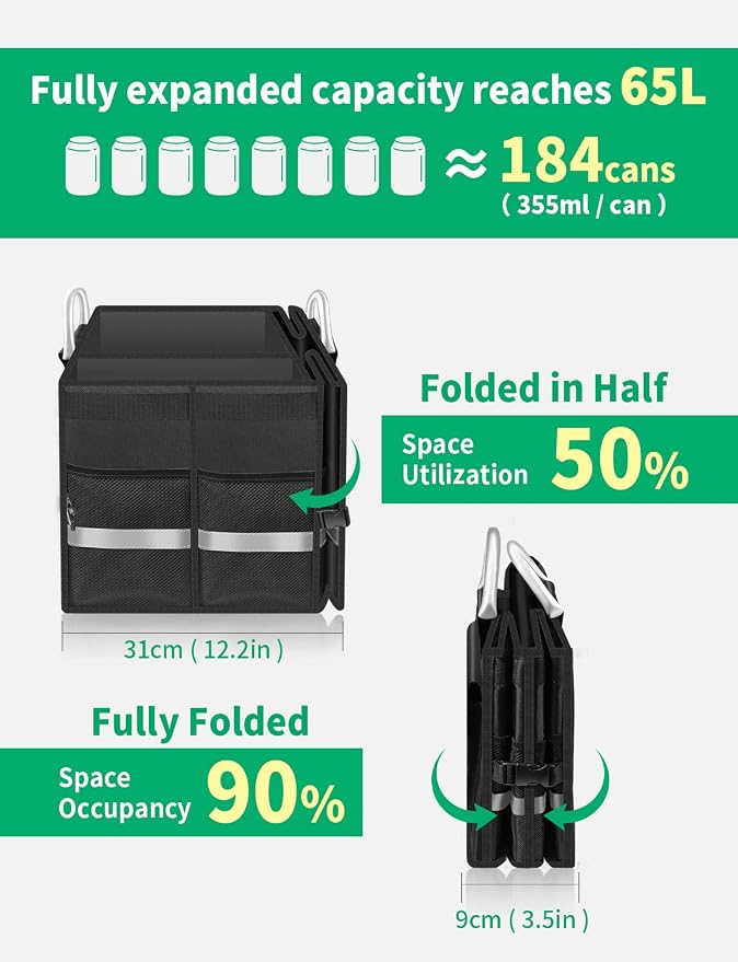 Oasser Trunk Organizer with Sturdy Hard Lid, Large, Black | Aluminium Alloy Handle, supports up to 110lb load, 1680D Splash-Resistant Material, Reflective Strip, Anti-slip bottom