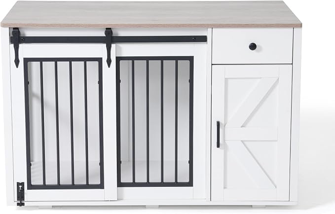 Verano Garden 44" Dog Crate Furniture, Dog Kennel (44" Right Facing Door) | 2-in-1, Lockable, Sliding Door, Removable Divider, Adjustable Shelf, Farmhouse, Heavy Duty, Small Medium Dogs, White