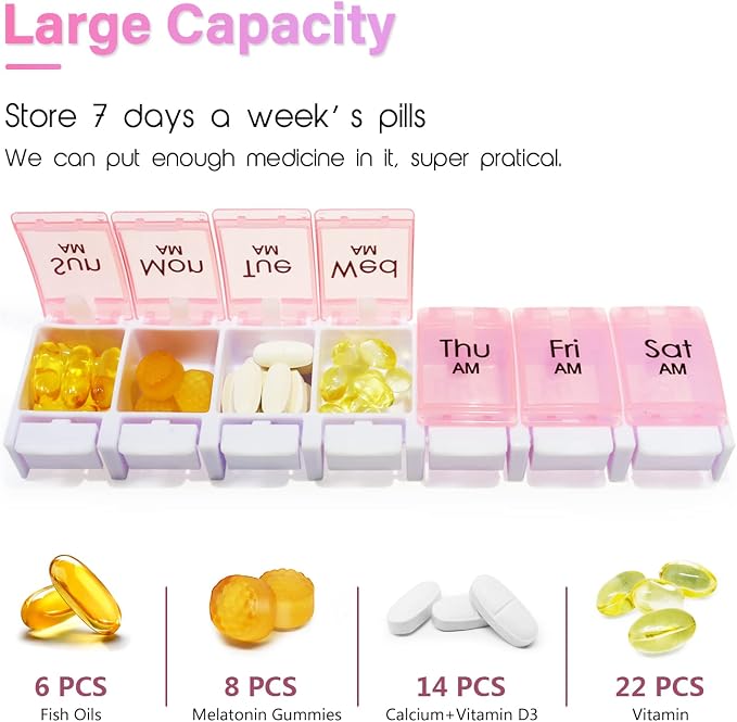 MOLN HYMY Weekly Pill Boxes and Organizer 2 Times a Day, 7 Day AM PM Pill Case Two Week, 14 Large Compartments Pill Dispenser to Hold Medication, Vitamins (Pink+Blue)