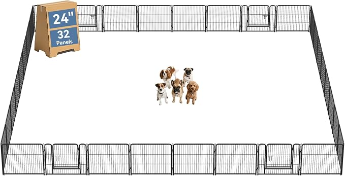 DUMOS Dog Playpen 24 Inch 32 Panels Indoor Outdoor Metal Pet Fence | Foldable Dog Play Pen with Door, Portable Exercise, RV Camping, Puppy Small Dogs