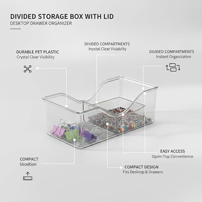 Divided Storage Box with Lid, PET Plastic Organizer for Desktop Drawers, Clear Compartments for Office Supplies Craft Jewelry (1 PC)
