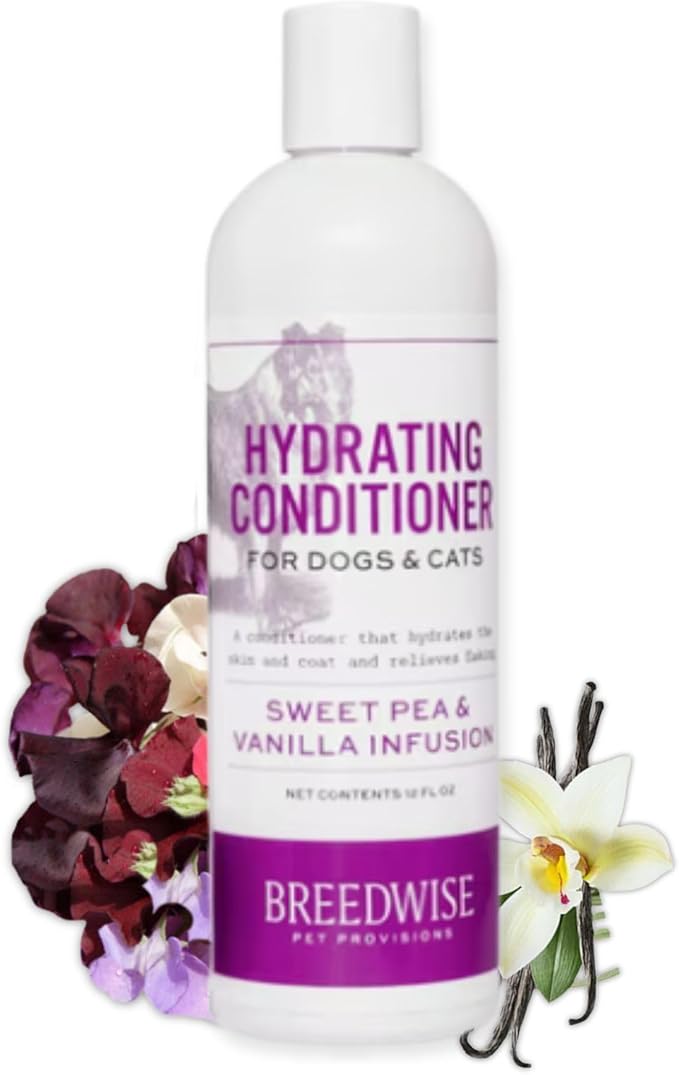 Breedwise Dog and Cat Conditioner - Moisturizing Hypoallergenic Formula for Sensitive Skin - Detangling & Smoothing Pet Cream - Sweet Pea & Vanilla Scent - 12oz - Made in USA