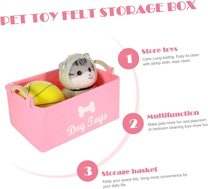Alipis Pink Felt Pet Organizer Box with Handle Large Square Storage Bin for Dog Pet Clothes and Food Portable and Decorative Household Basket