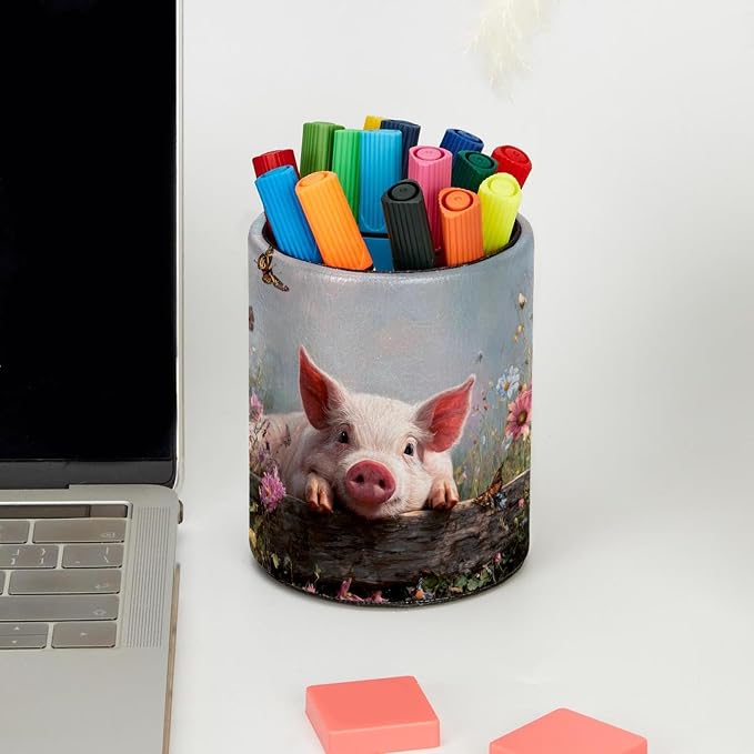 Faux Leather Pen Holder for Desk, Pencil Organizer Pig and Fence Pen Cup Desk Decor Makeup Brush Holder Storage for Office Home