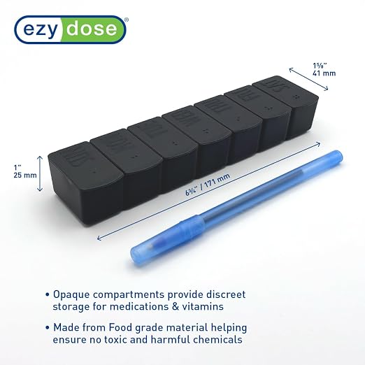 Ezy Dose Weekly (7-Day) Pill Organizer, Large Medicine Planner, Black | Compact Daily Vitamin & Supplement Medicine Case, Pop Up Compartments, Embossed Matte Design, Travel-Friendly, BPA-Free