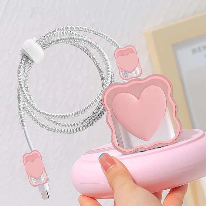 CameCosy Cute Waves DIY Cable Protector for iPhone Charger,Kawaii 3D Love Heart Design,Data Cable USB Charger Data Line Phone Wire Saver Protector for iPhone 11 12 13 14 Pro Max XS XR X 7 8 Plus-Pink