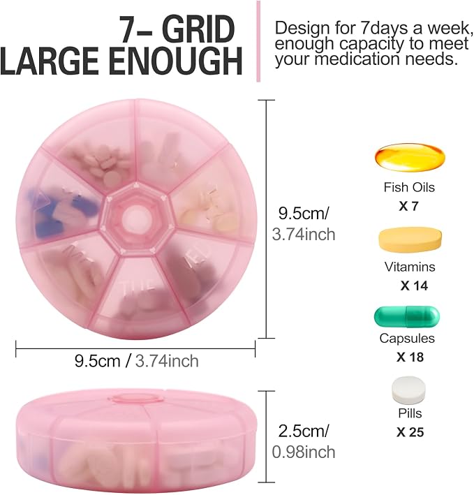 Portable Weekly Pill Organizer (Pack of 2) 7 Day Container,Round Case Travel Friendly,Daily Week Pill Reminder,Vitamin,Supplement,Fish Oil,Medication Planner (Pink)