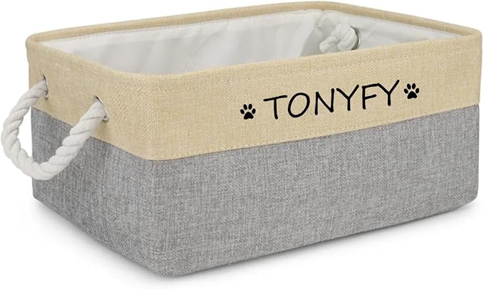 Pet Toy Storage Box Dog Toy Organizer Basket Personalized Large Capacity Collapsible Bin Two-Tone Linen Chest with Sturdy Handles for Living Room Pet Supplies Organizing (Beige Gray L)