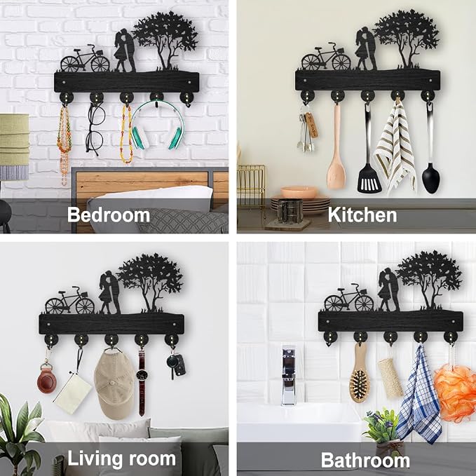 MAYJOYDIY Bicycle Couple Tree Coat Rack Wall Mount 11.8x7.9in Key Holder Decorative Wooden Coat Hanger Key Rack 5 Alloy Hooks for Valentine's Day Gift Wall Art Decor