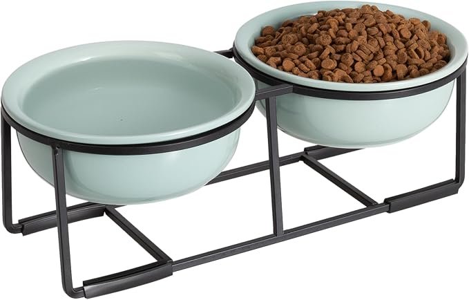Ceramic Elevated Dog Bowl Set - Double Dog Food and Water Bowls with Metal Stand - Raised Pet Dishes for Puppies and Cats - 2 Cups - 12.5 fl oz - Green